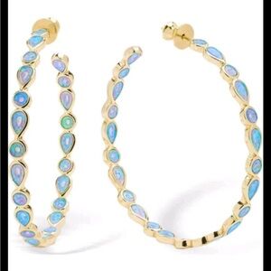 Melinda Maria Gold Hoops with Iridescent blue Opal earrings